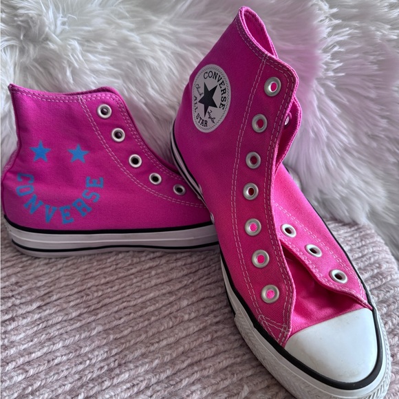 Converse Shoes - Converse Women’s Hot Pink High-Top Sneakers with Teal Stars and writing